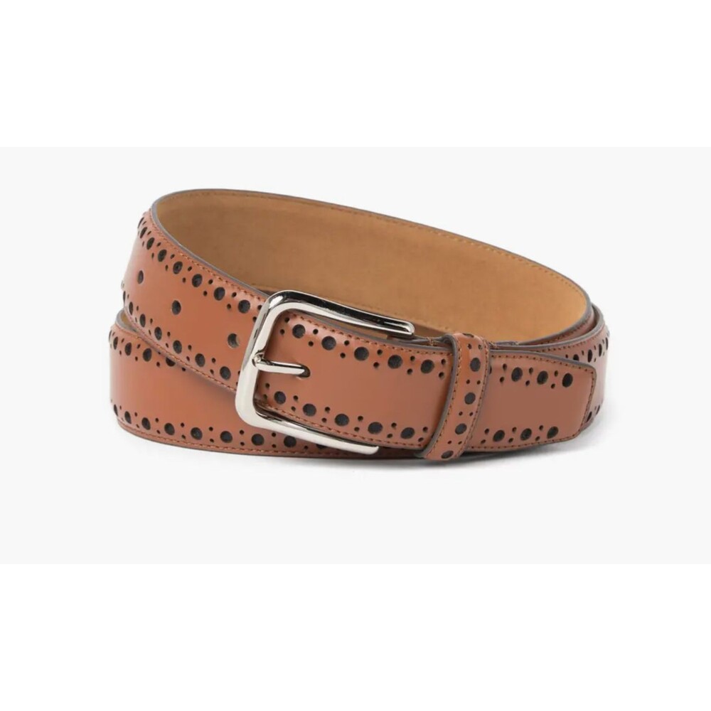 Cole Haan Leather Belt Men's 32 Tan Classic Brogue 35mm Adjustable Nickel Buckle